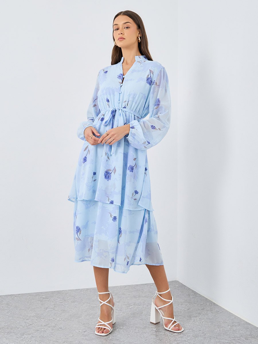Light Blue Floral Layered Midi Dress