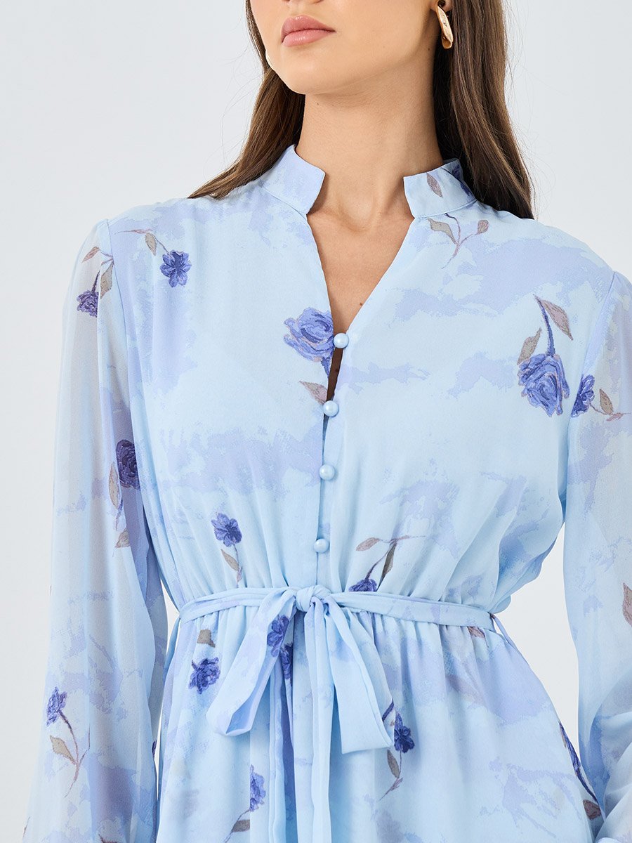 Light Blue Floral Layered Midi Dress