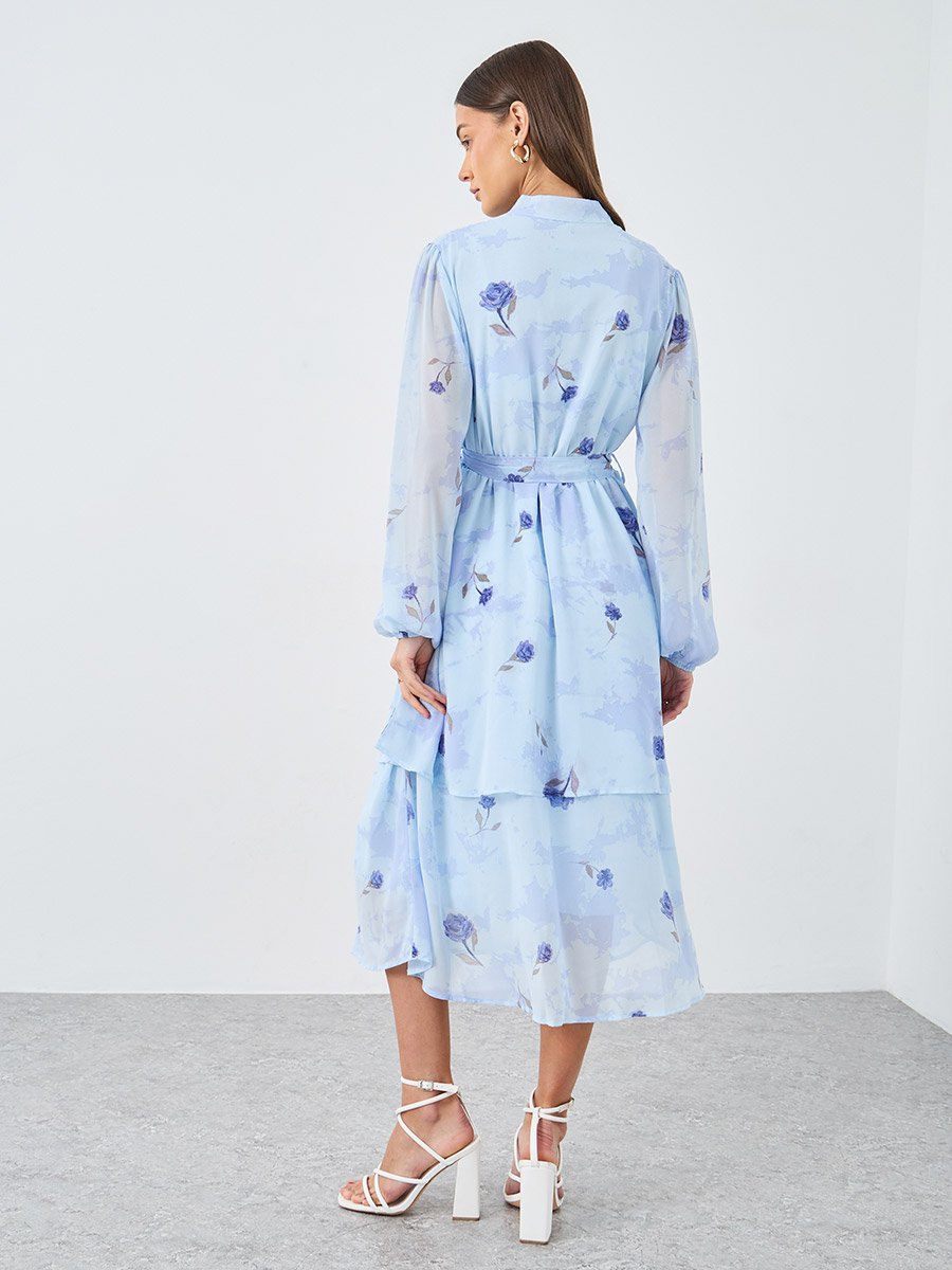 Light Blue Floral Layered Midi Dress