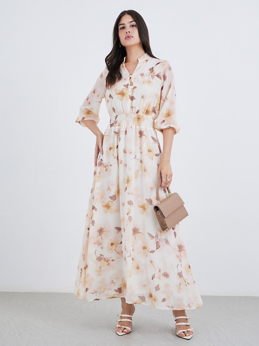 Floral Print Balloon Sleeves A-Line Maxi Dress