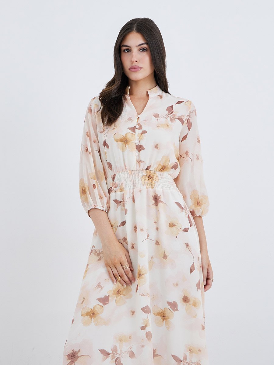 Floral Print Balloon Sleeves A-Line Maxi Dress