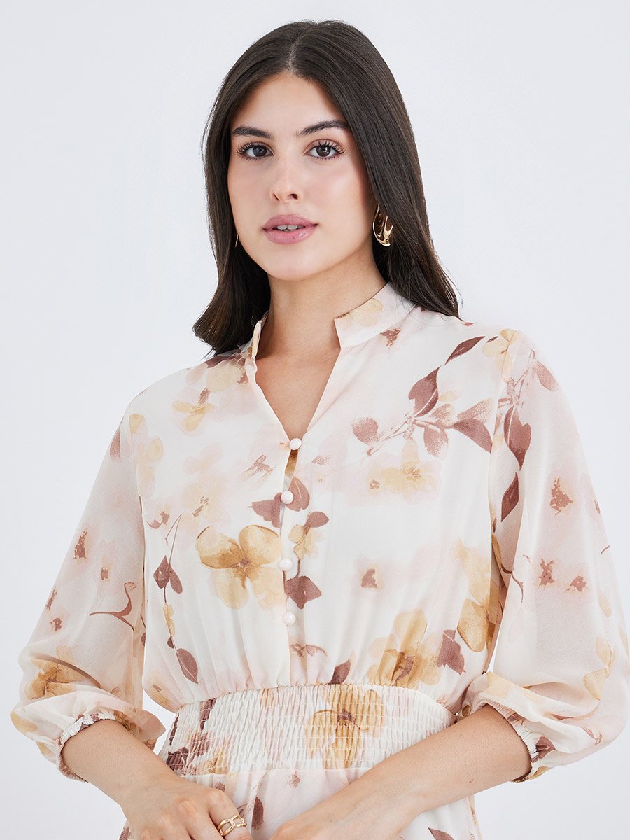 Floral Print Balloon Sleeves A-Line Maxi Dress