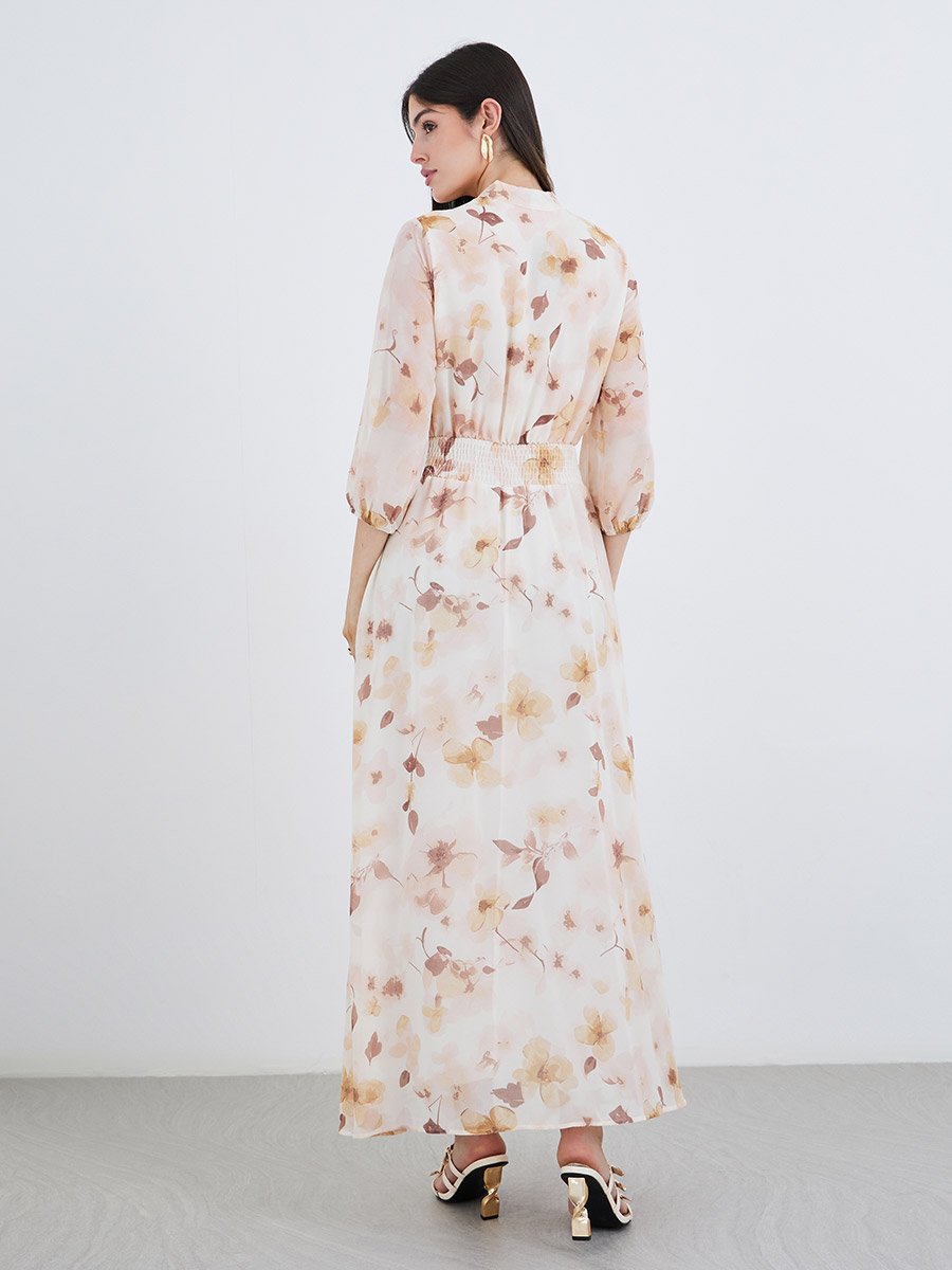 Floral Print Balloon Sleeves A-Line Maxi Dress