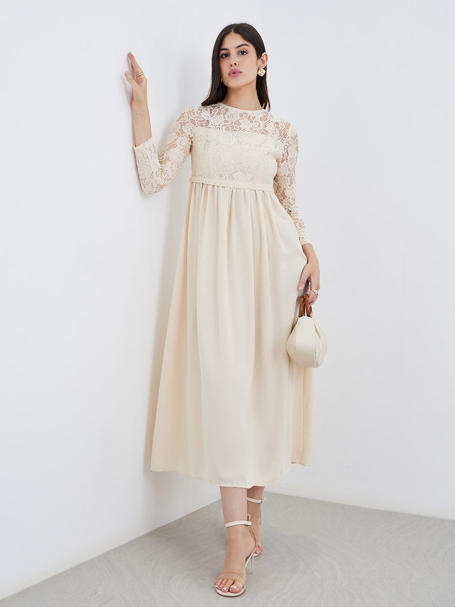 Cream Lace Insert A-Line Maxi Dress
