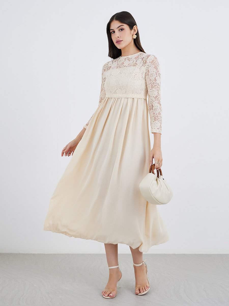 Cream Lace Insert A-Line Maxi Dress For Women at Saudi | Styli Cream Lace Insert A-Line Maxi Dress For Women at Saudi | Styli