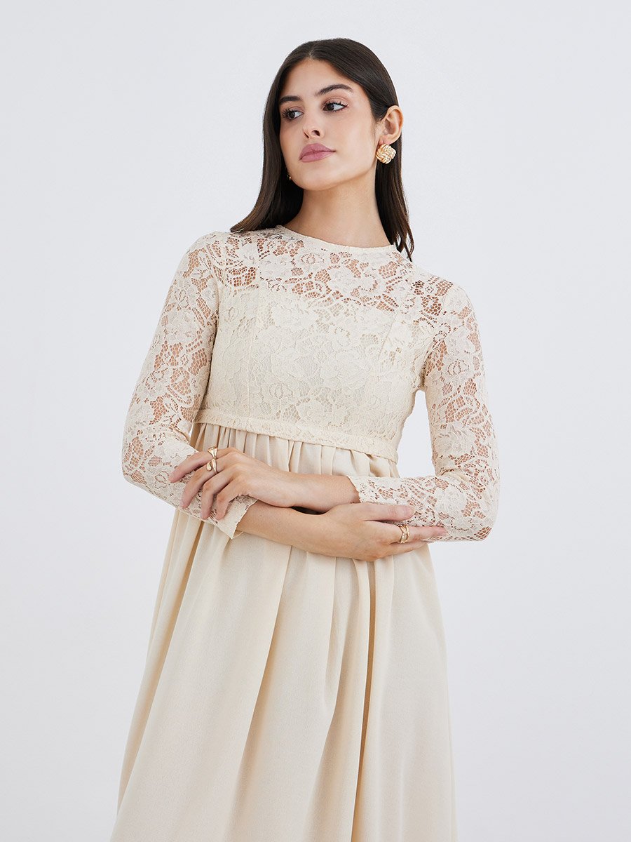 Cream Lace Insert A-Line Maxi Dress