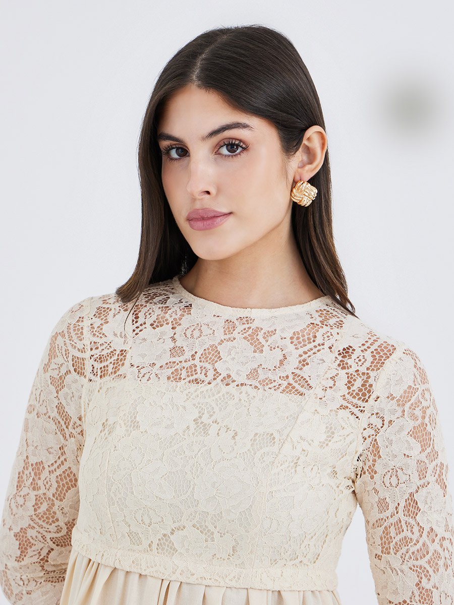Cream Lace Insert A-Line Maxi Dress