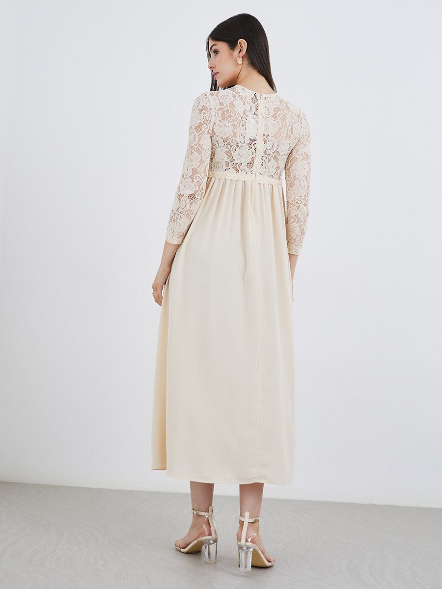Cream Lace Insert A-Line Maxi Dress