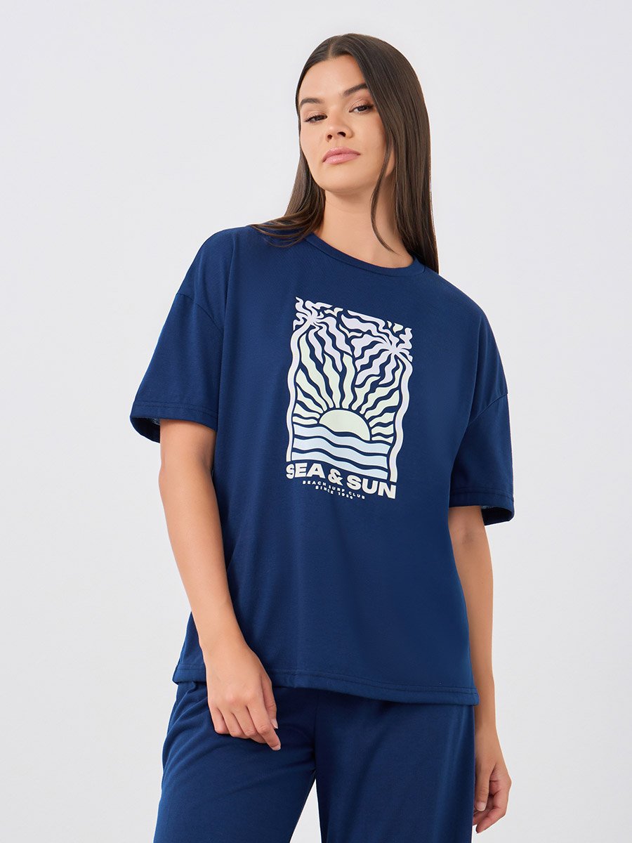 Graphic Print Round Neck T-Shirt and Pyjama Set