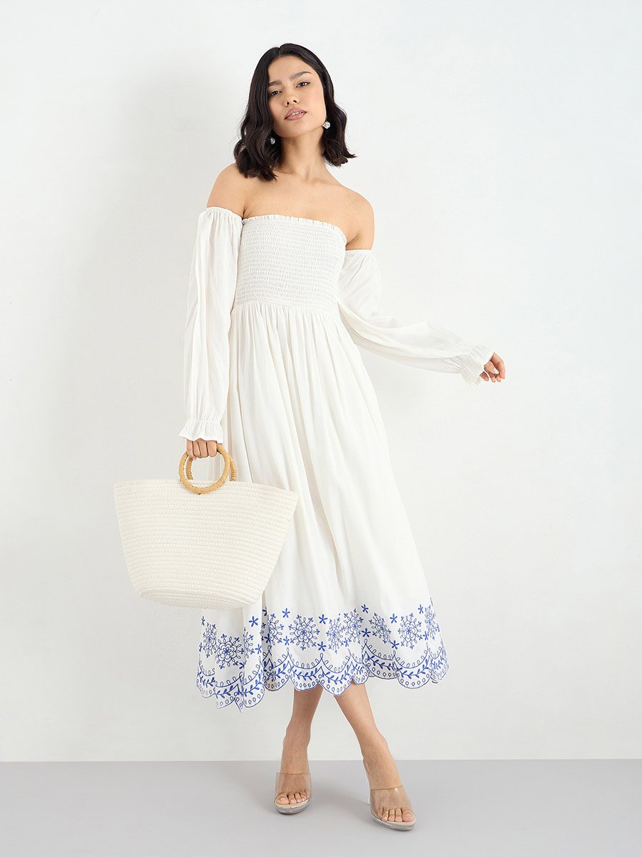 Off-Shoulder Embroidered Midi Dress