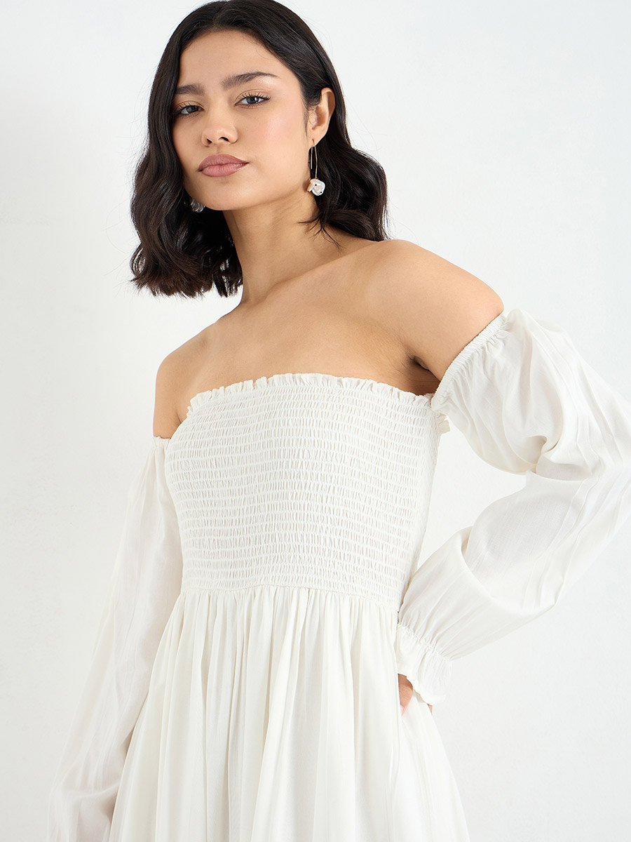 Off-Shoulder Embroidered Midi Dress