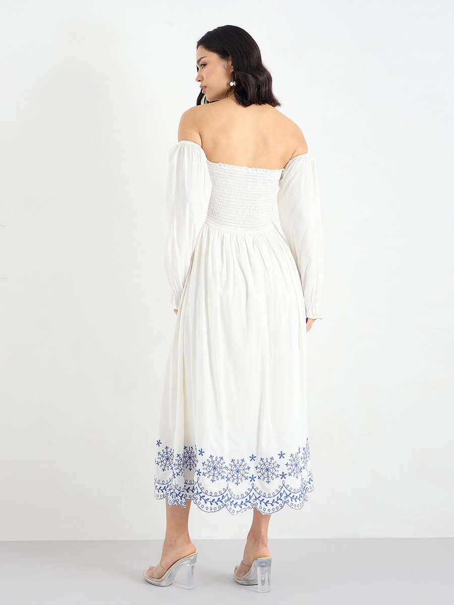 Off-Shoulder Embroidered Midi Dress