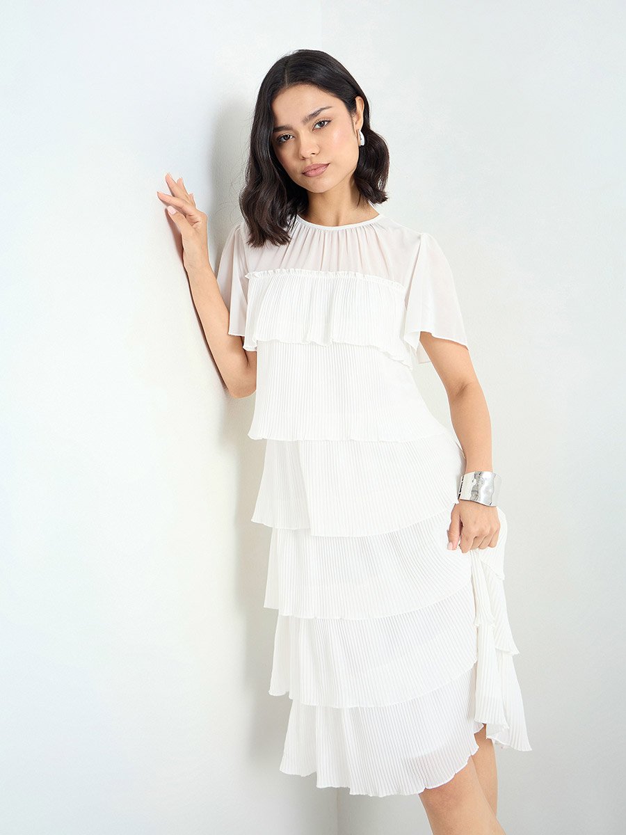Women Layered Plisse Knee Length Dress