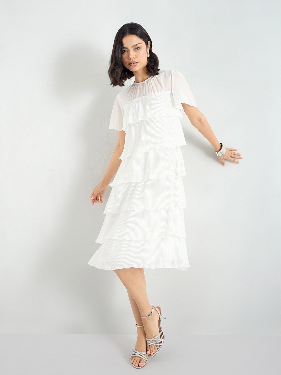 Women Layered Plisse Knee Length Dress