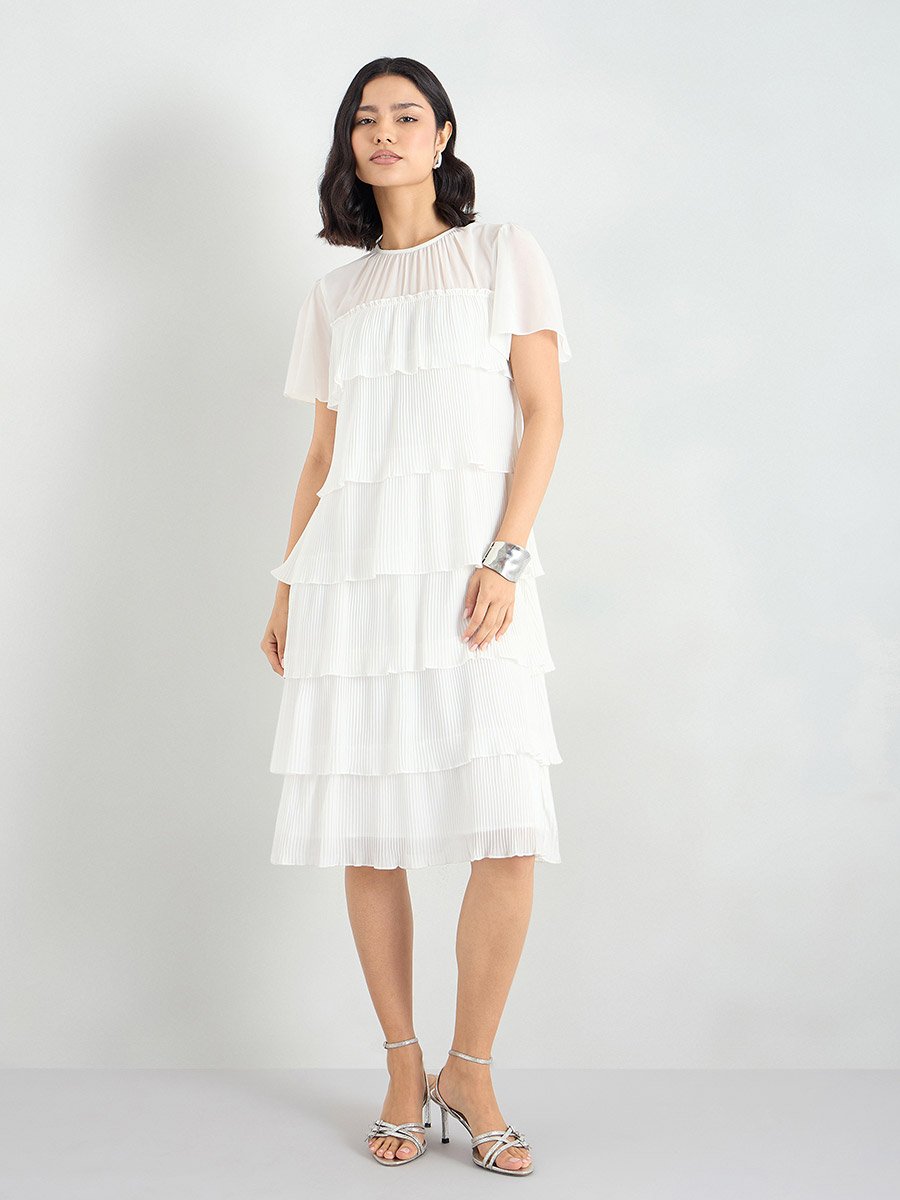 Women Layered Plisse Knee Length Dress