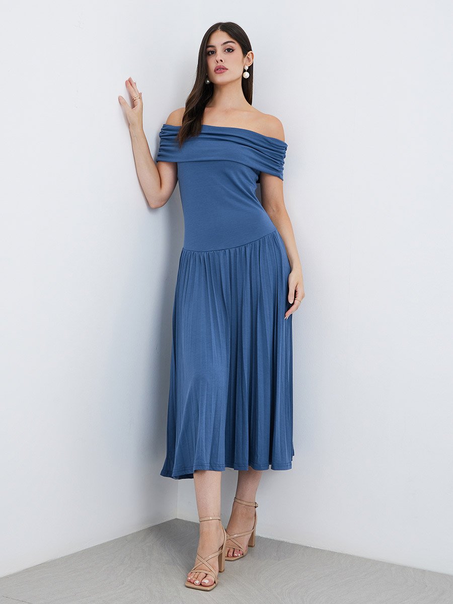 Solid Off Shoulder Gathered Detail A-Line Midi Dress