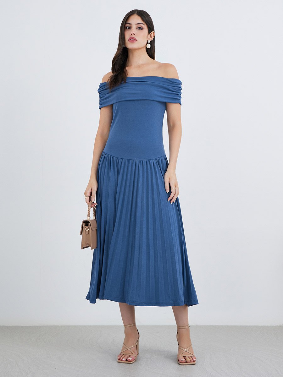 Solid Off Shoulder Gathered Detail A-Line Midi Dress