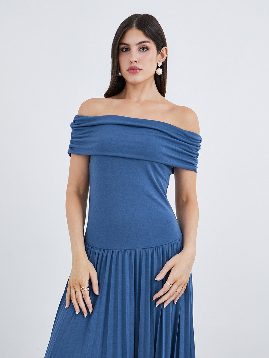 Solid Off Shoulder Gathered Detail A-Line Midi Dress
