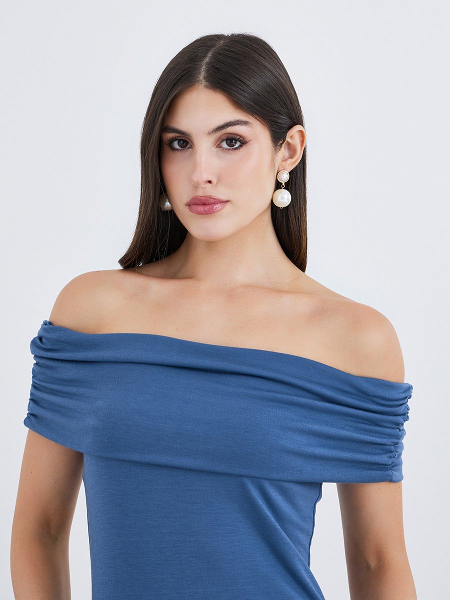 Solid Off Shoulder Gathered Detail A-Line Midi Dress