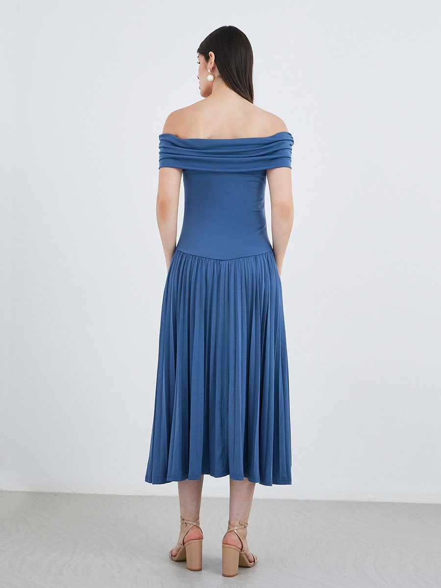 Solid Off Shoulder Gathered Detail A-Line Midi Dress
