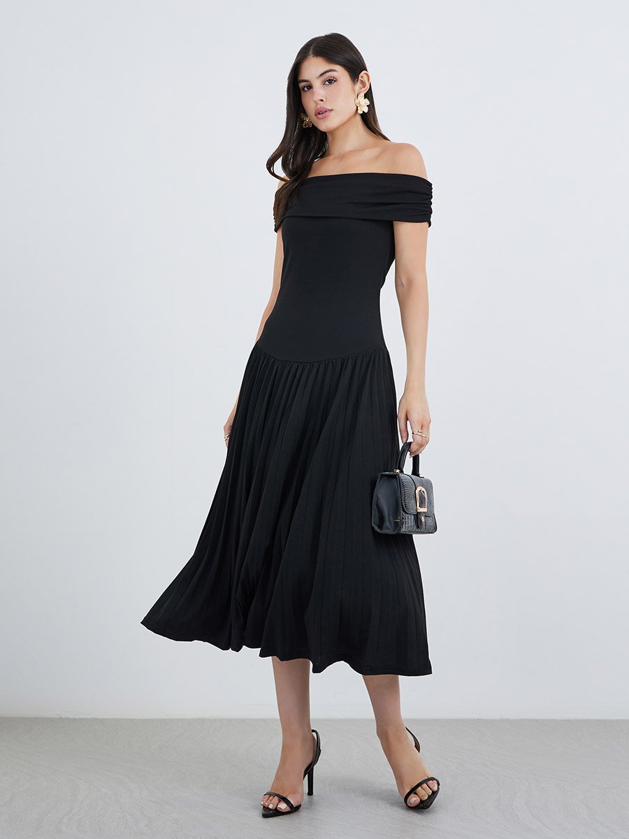 Plain Off Shoulder A-Line Midi Dress