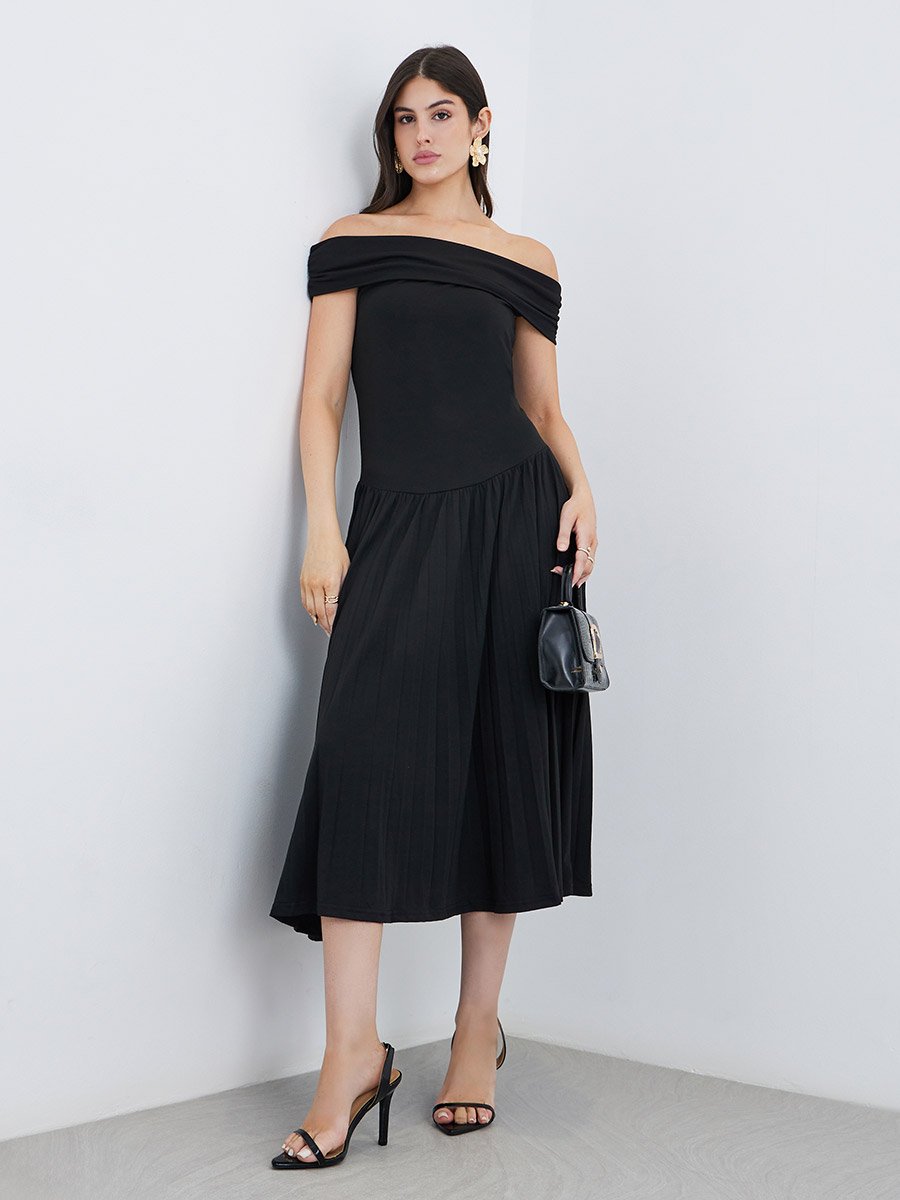 Plain Off Shoulder A-Line Midi Dress