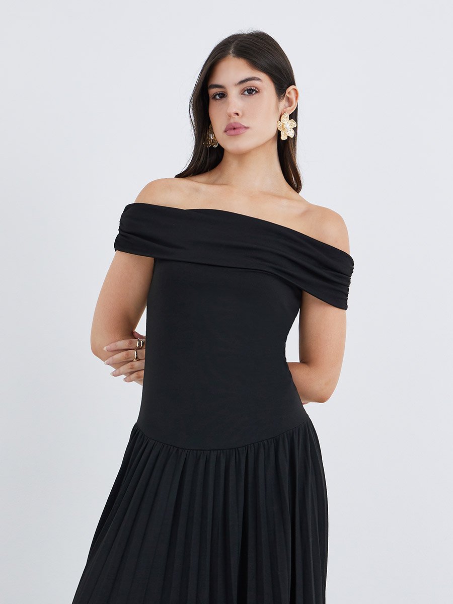Plain Off Shoulder A-Line Midi Dress