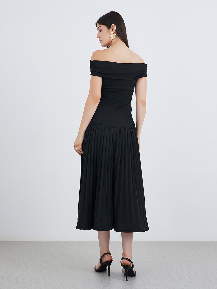 Plain Off Shoulder A-Line Midi Dress