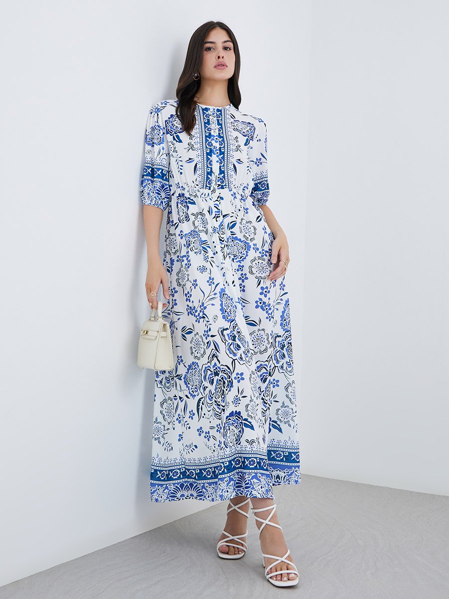 All-Over Print Maxi Dress with Button Front
