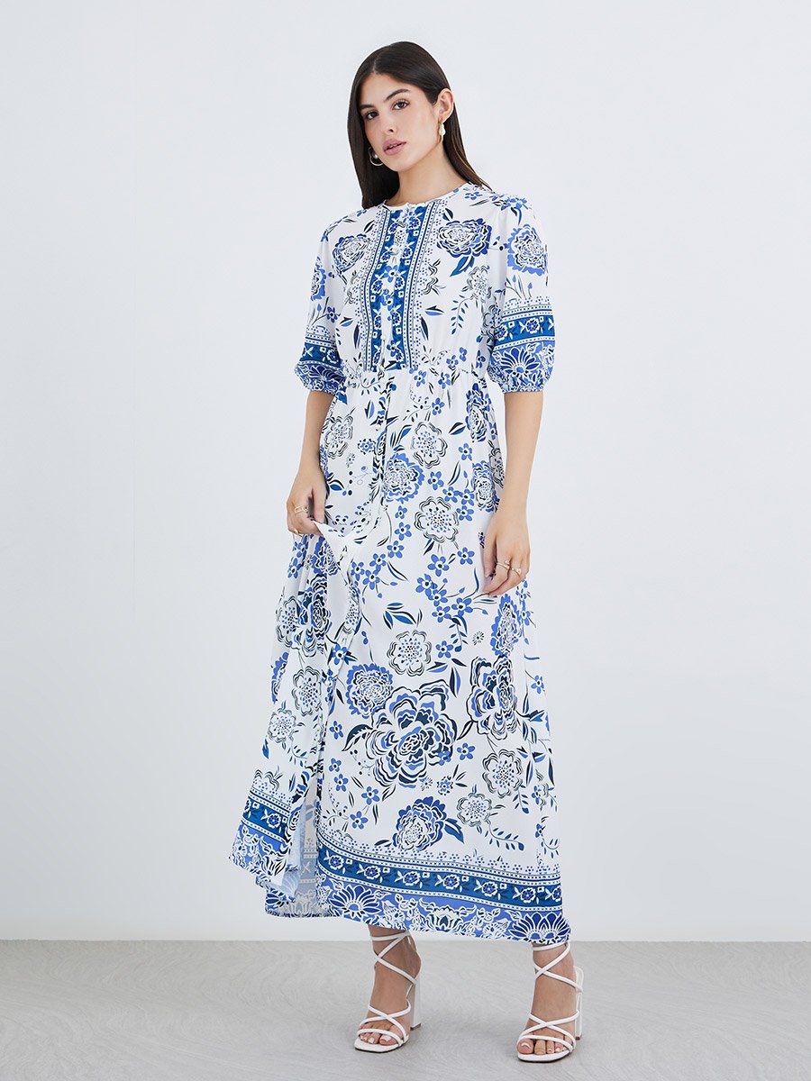 All-Over Print Maxi Dress with Button Front