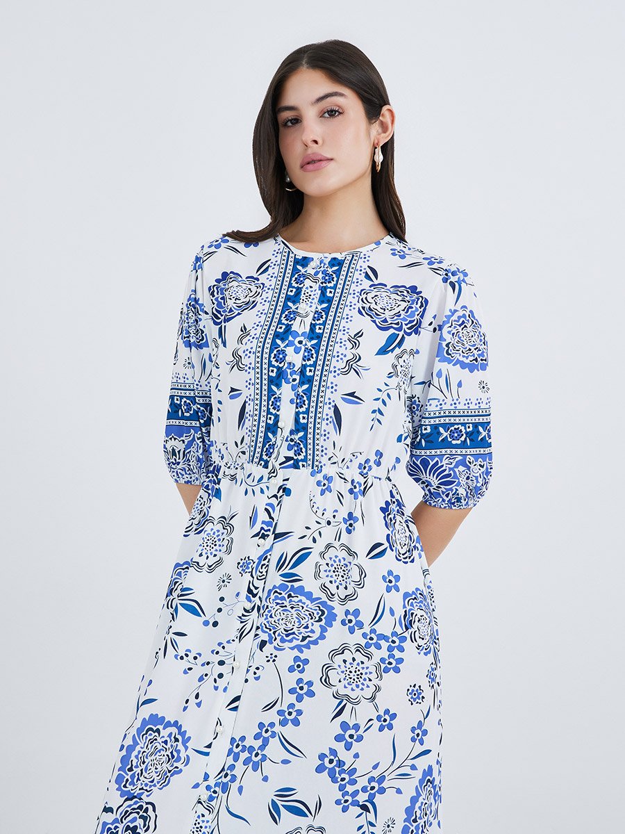 All-Over Print Maxi Dress with Button Front
