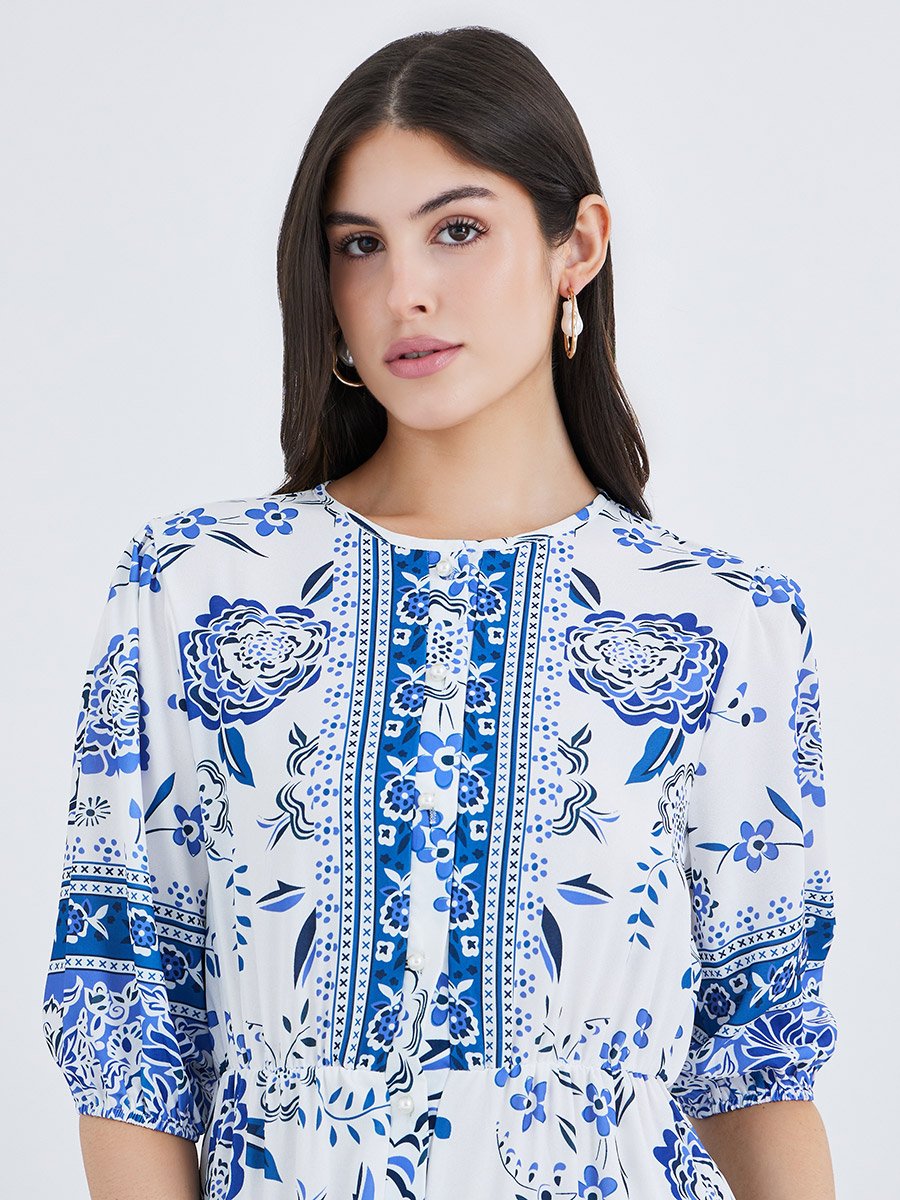 All-Over Print Maxi Dress with Button Front