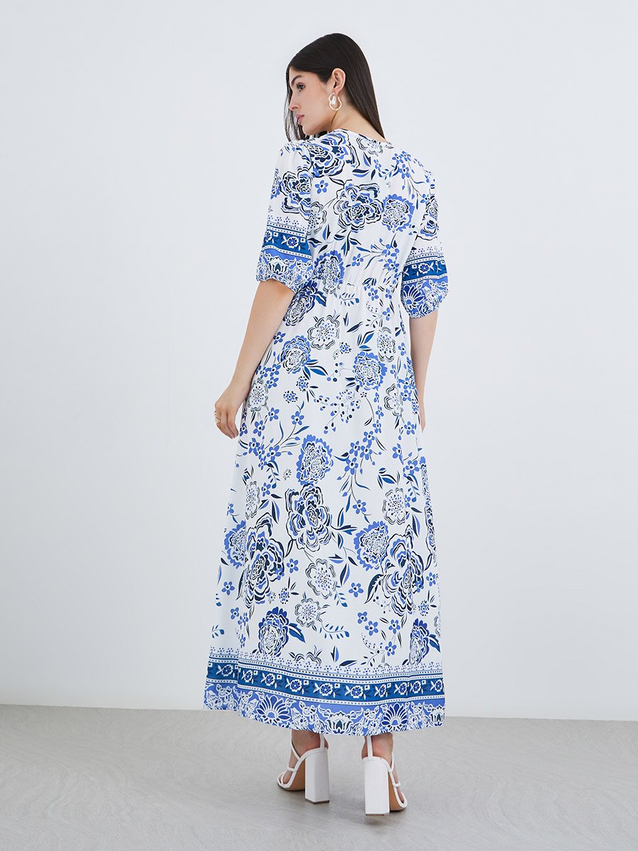 All-Over Print Maxi Dress with Button Front