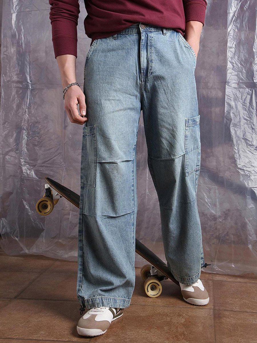 Men Light Wash Blue Denim Baggy Jeans