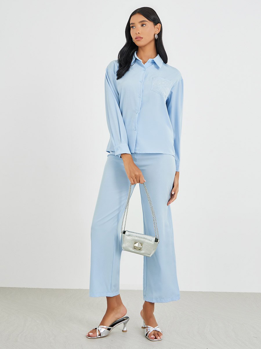 Embellished Pocket Buttoned Shirt and Pants Co-Ordsd