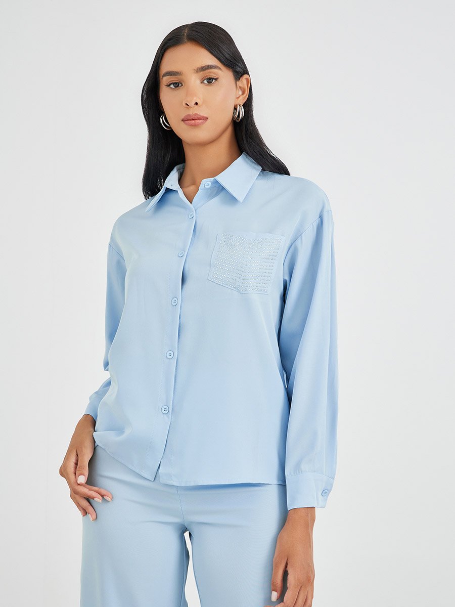 Embellished Pocket Buttoned Shirt and Pants Co-Ordsd