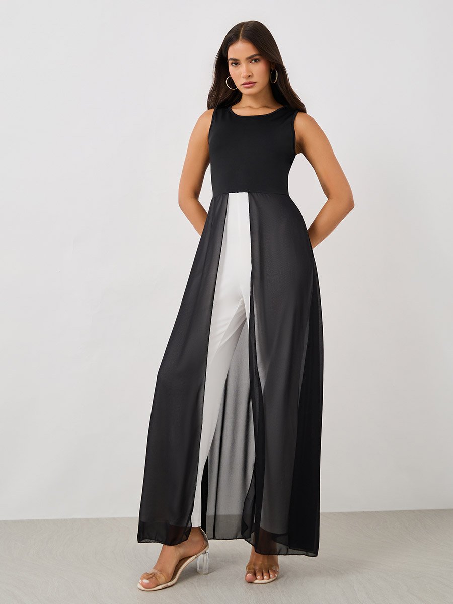 Sleeveless Color Block Jumpsuit with Chiffon Skirt Detail
