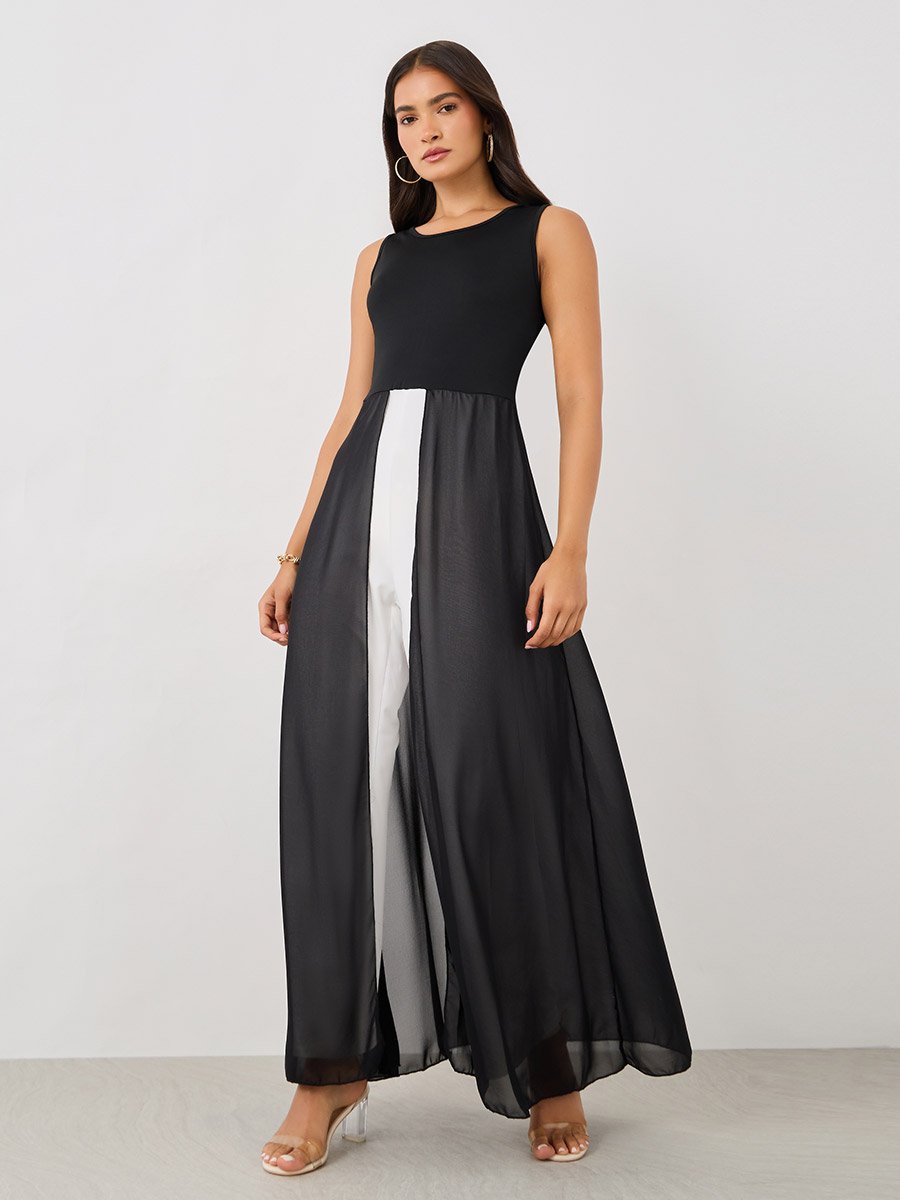 Sleeveless Color Block Jumpsuit with Chiffon Skirt Detail