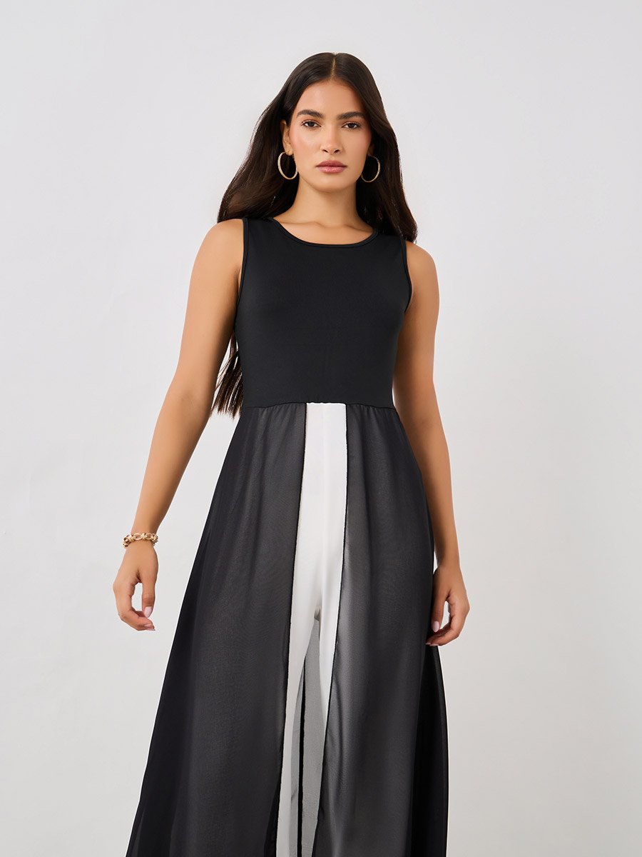 Sleeveless Color Block Jumpsuit with Chiffon Skirt Detail