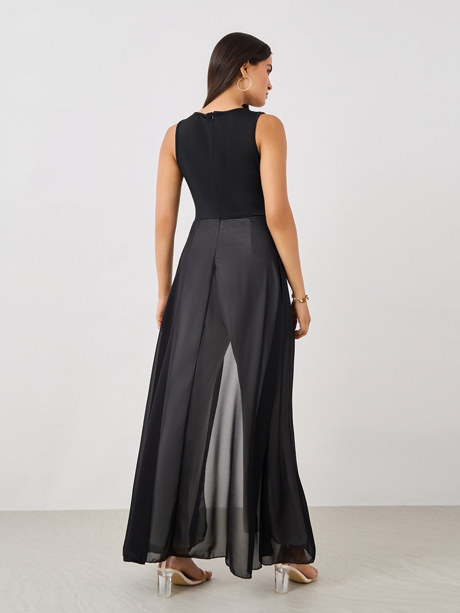 Sleeveless Color Block Jumpsuit with Chiffon Skirt Detail