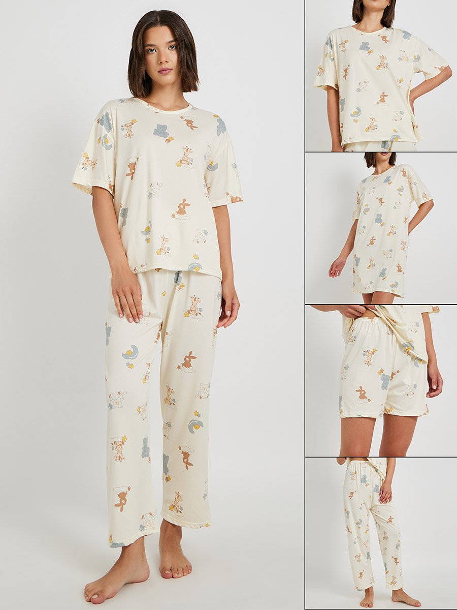 Set of 4 - Printed T-Shirt and Shorts with Nightdress and Pants