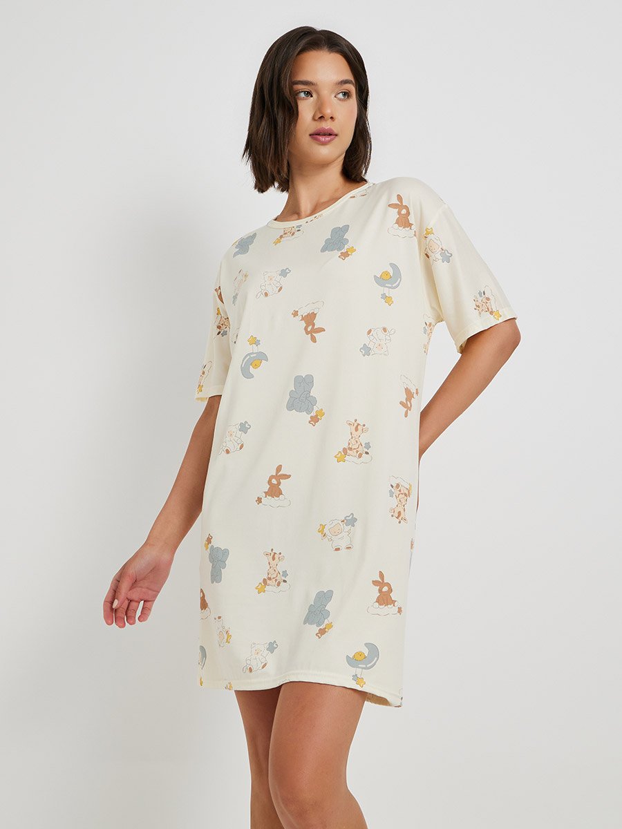 Set of 4 - Printed T-Shirt and Shorts with Nightdress and Pants