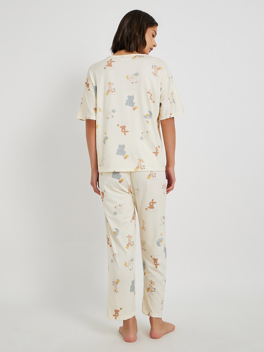 Set of 4 - Printed T-Shirt and Shorts with Nightdress and Pants