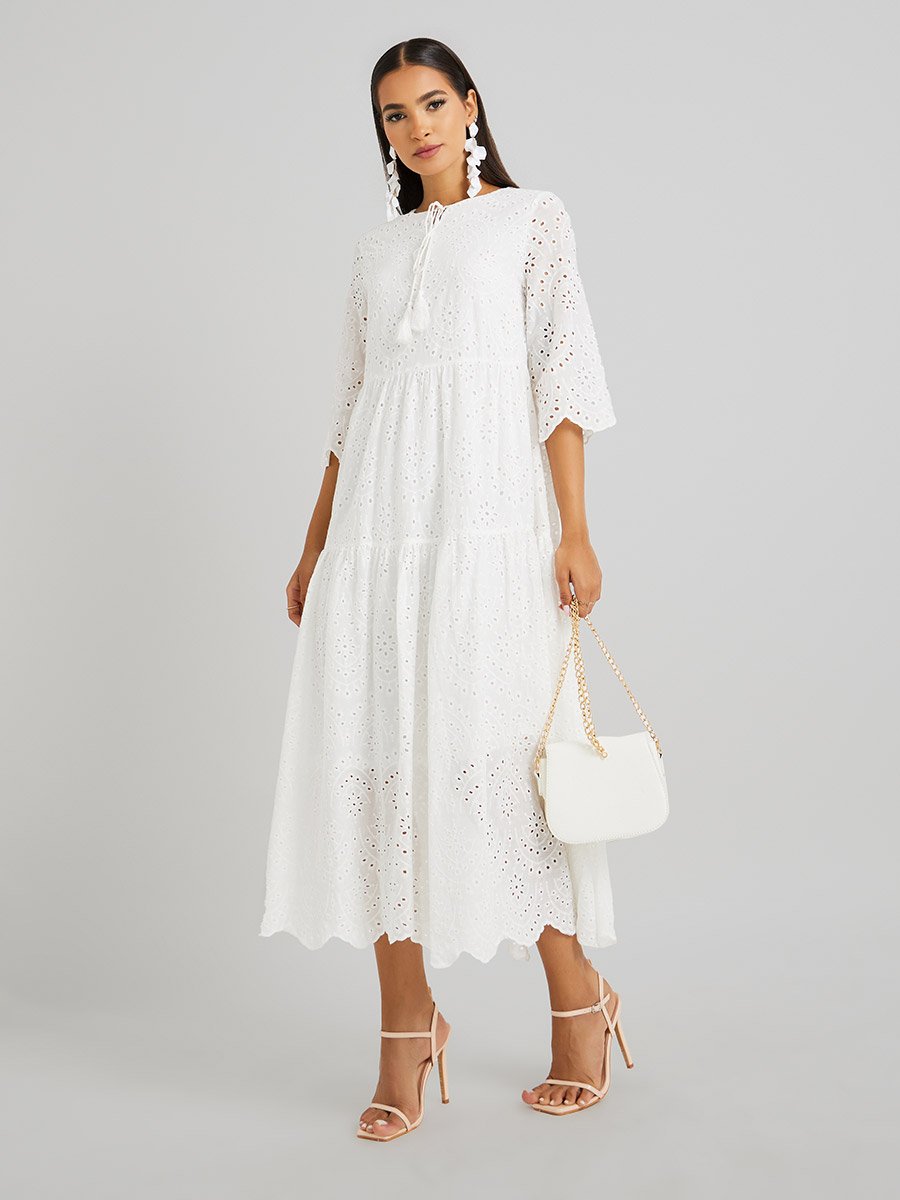 Schiffli Embroidered Tie-Up Neck A-Line Midi Dress