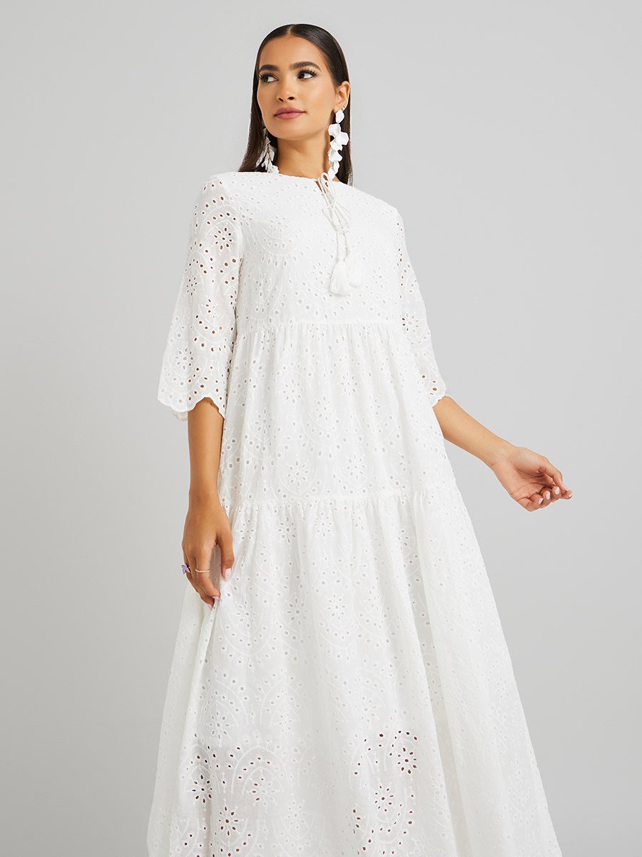 Schiffli Embroidered Tie-Up Neck A-Line Midi Dress