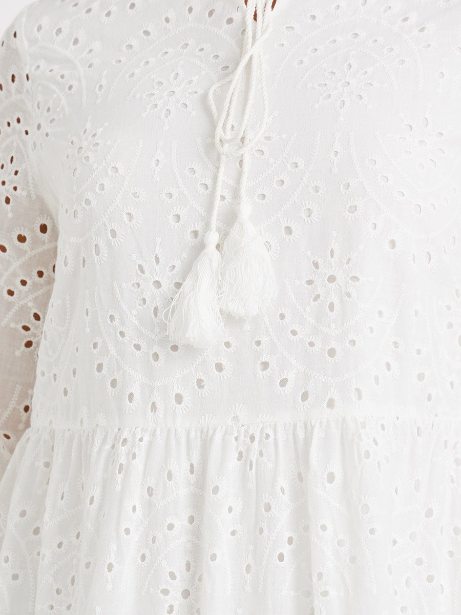 Schiffli Embroidered Tie-Up Neck A-Line Midi Dress