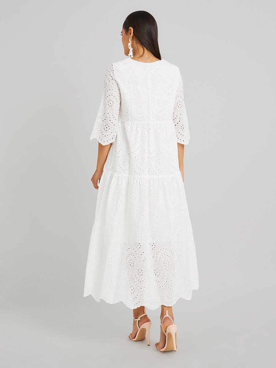 Schiffli Embroidered Tie-Up Neck A-Line Midi Dress