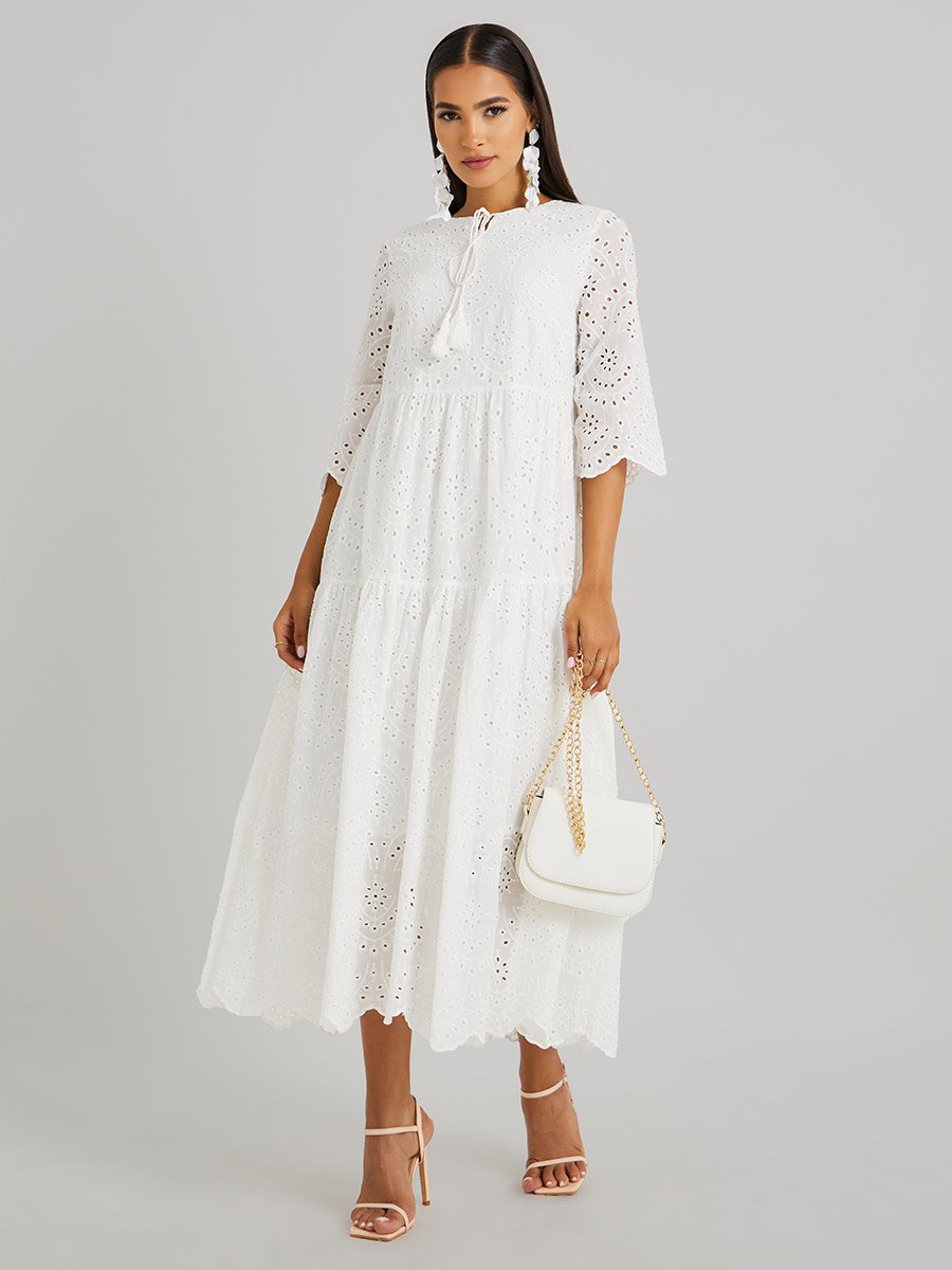 Schiffli Embroidered Tie-Up Neck A-Line Midi Dress
