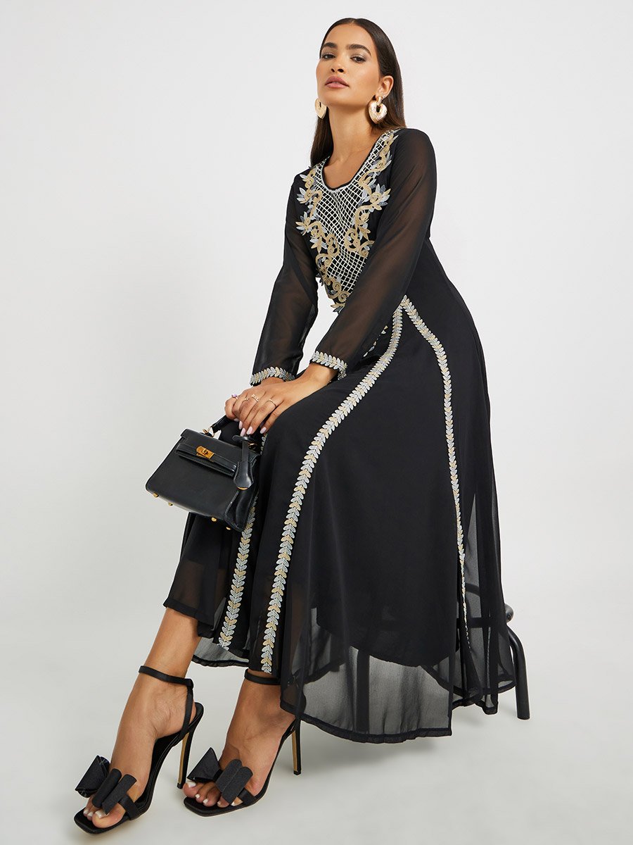 Embroidered Lace Detail Round Neck A-Line Jalabiya