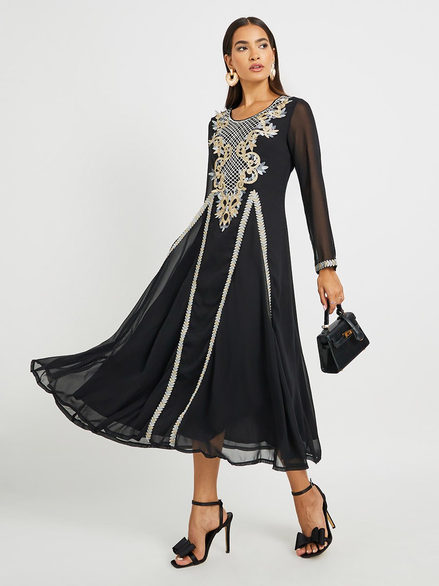 Embroidered Lace Detail Round Neck A-Line Jalabiya